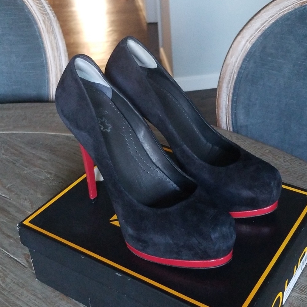 Black Suede Platform Pumps with Red Heel and Trim